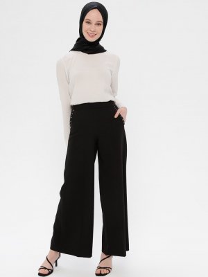 Siyah Beli Lastikli Bol Paça Pantolon Siyah Beli Lastikli Bol Paça Pantolon