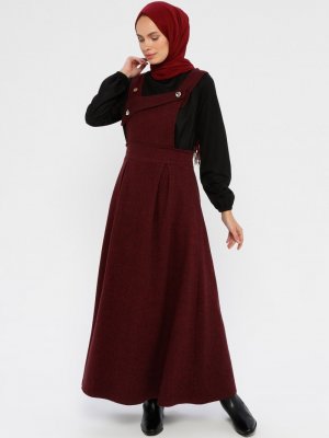 Bordo Pile Detaylı Kolsuz Elbise