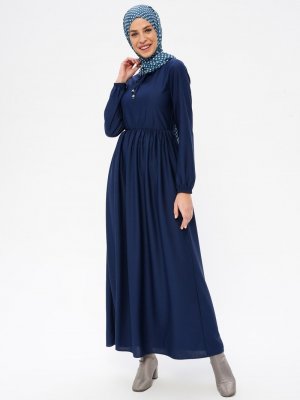 İndigo Belden Büzgülü Elbise