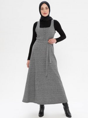 Gri Düğme Detaylı Kolsuz Elbise