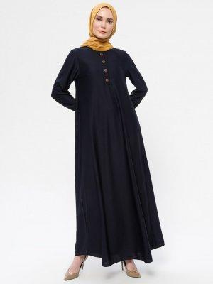 Lacivert Düğme Aksesuarlı Basic Elbise