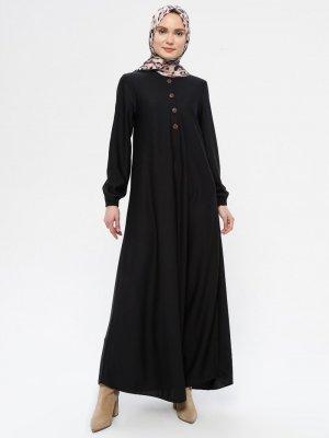 Siyah Düğme Aksesuarlı Basic Elbise