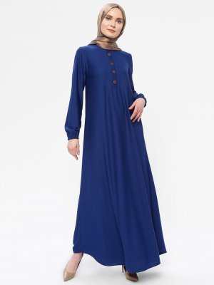 İndigo Düğme Aksesuarlı Basic Elbise