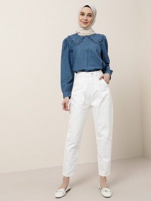 Beyaz Doğal Kumaşlı Kot Pantolon Beyaz Doğal Kumaşlı Kot Pantolon