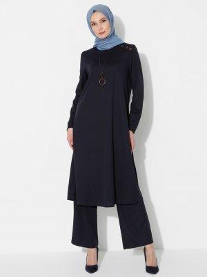 Lacivert Kolyeli Tunik&Pantolon İkili Takım Lacivert Kolyeli Tunik&Pantolon İkili Takım