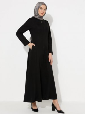 Siyah Çift Cepli Boydan Fermuarlı Ferace