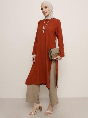 Kiremit Kolye Detaylı Tunik&Pantolon 2'li Takım