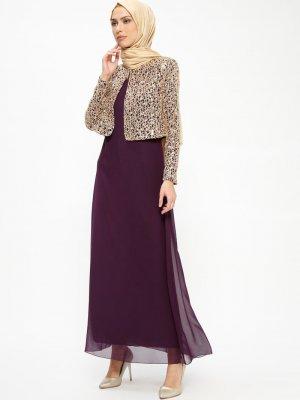 Mor Ceketli Kolsuz Abiye Elbise