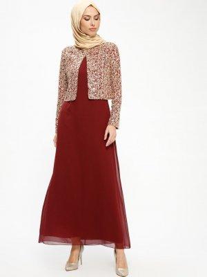 Bordo Ceketli Kolsuz Abiye Elbise