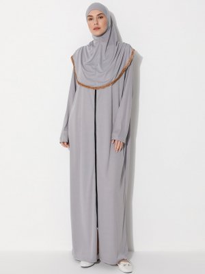 Açık Gri Kendinden Başörtülü Fermuarlı Namaz Elbisesi