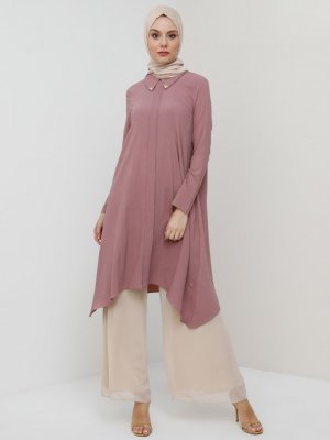 Gül Kurusu Yakası Taşlı Asimetrik Tunik Gül Kurusu Yakası Taşlı Asimetrik Tunik