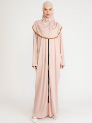 Bej Kendinden Başörtülü Fermuarlı Namaz Elbisesi