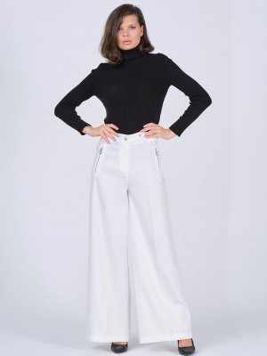 Ekru Fermuar Detaylı Bol Paça Pantolon