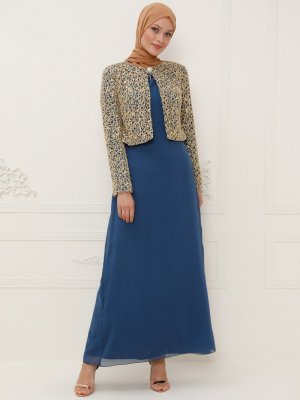 İndigo Ceketli Kolsuz Abiye Elbise