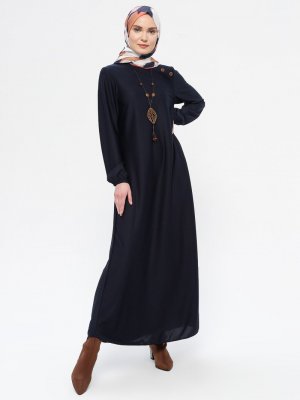 Lacivert Kolyeli Bisiklet Yaka Elbise