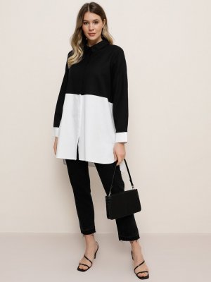 Beyaz Siyah Gizli Düğmeli Garnili Tunik