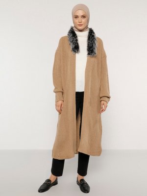 Camel Kürk Detaylı Triko Hırka