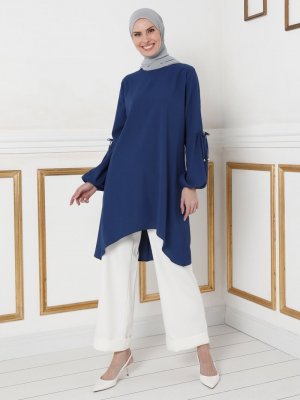 İndigo Kolları Bağcık Detaylı Tunik