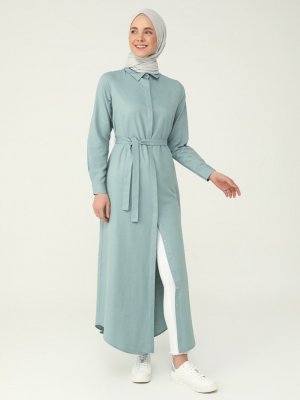 Mint Yeşili Doğal Kumaşlı Gizli Düğmeli Uzun Gömlek Elbise