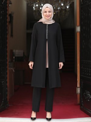 Siyah Nervürlü Taş Detaylı Tunik&Pantolon İkili Abiye Takım