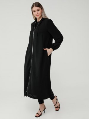 Siyah Büyük Beden Kapüşonlu Fermuarlı Kap