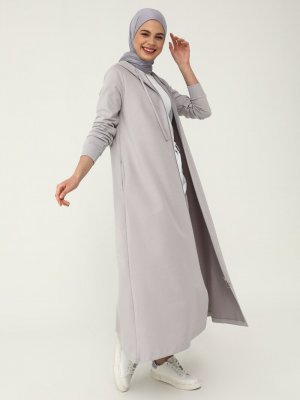 Gri Kapüşon Detaylı Fermuarlı Spor Pardesü