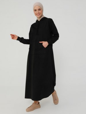 Siyah Kanguru Cepli Kapüşonlu Elbise