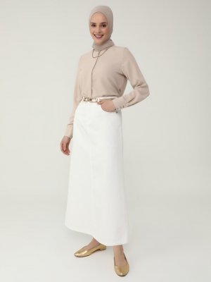 Ekru Doğal Kumaşlı Cep Detaylı Kot Etek