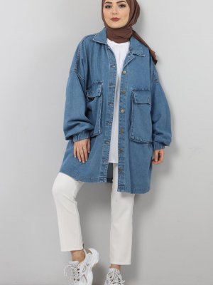 Mavi Kolları Lastikli Kot Ceket