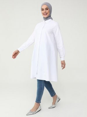 Beyaz Gizli Patlı Oversize Pamuklu Tunik