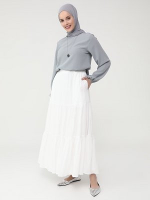 Off White Beli Lastikli Kloş Maxi Etek