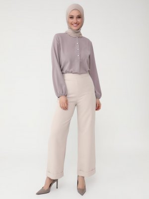 Bej Duble Paça Kumaş Pantolon