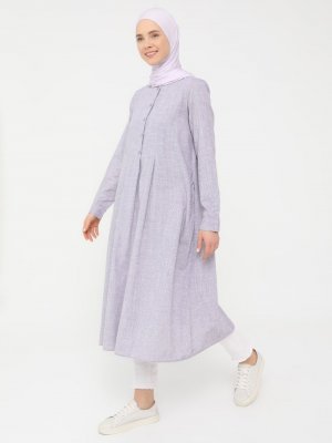 Lila Doğal Kumaşlı Düğme Detaylı Tunik