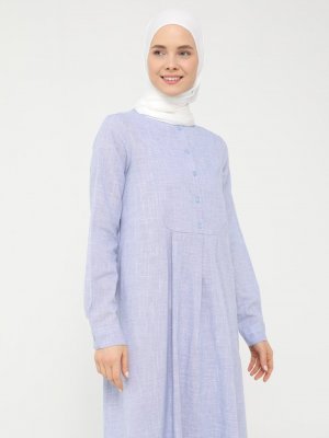 Açık Mavi Doğal Kumaşlı Düğme Detaylı Tunik