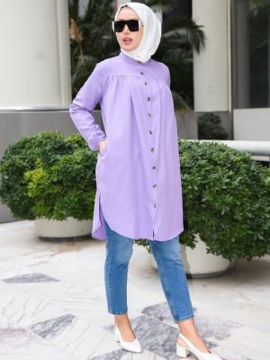 Lila Yandan Cepli Düğmeli Tunik Lila Yandan Cepli Düğmeli Tunik