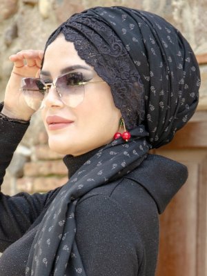 Siyah Dantelli Hazır Şal