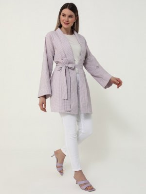 Ekose Lila Büyük Beden Dokulu Kimono Kap