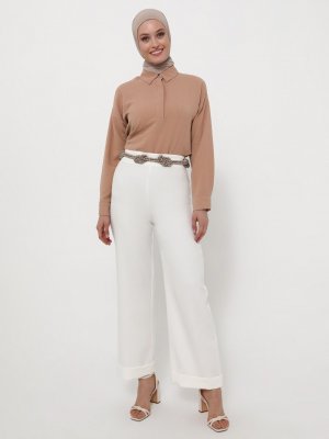 Ekru Duble Paça Kumaş Pantolon