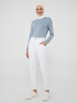 Beyaz Beli Lastikli Rahat Havuç Denim Pantolon Beyaz Beli Lastikli Rahat Havuç Denim Pantolon