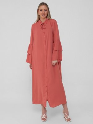 Somon Büyük Beden Kolları Volan Detaylı Dokuma Elbise Somon Büyük Beden Kolları Volan Detaylı Dokuma Elbise