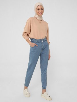 Mavi Beli Lastikli Rahat Havuç Kot Pantolon