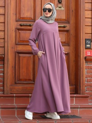 Gül Kurusu Kol Uçları Lastikli Elbise