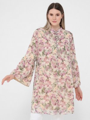Pudra Büyük Beden Çiçek Desenli Tunik