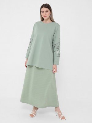 Su Yeşili Büyük Beden Beli Lastikli Etek