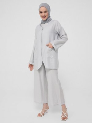 Gri Fermuar Detaylı Cepli Kap