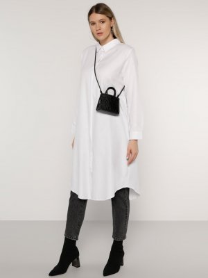 Beyaz Doğal Kumaşlı Gizli Düğmeli Tunik