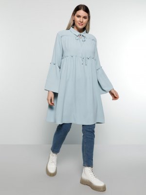 Buzul Mavi Yakası Bağlamalı Tunik