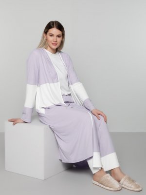 Lila Beyaz Gizli Cepli Kapüşonlu Kap