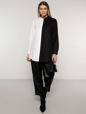 Siyah Beyaz Fermuar Detaylı Garnili Tunik