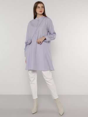 Toz Lila Düğme Detaylı Tunik